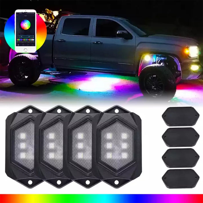 Ultra Bright 4-Piece RGB+W Chasing LED Rock Light Kit with Bluetooth App Control