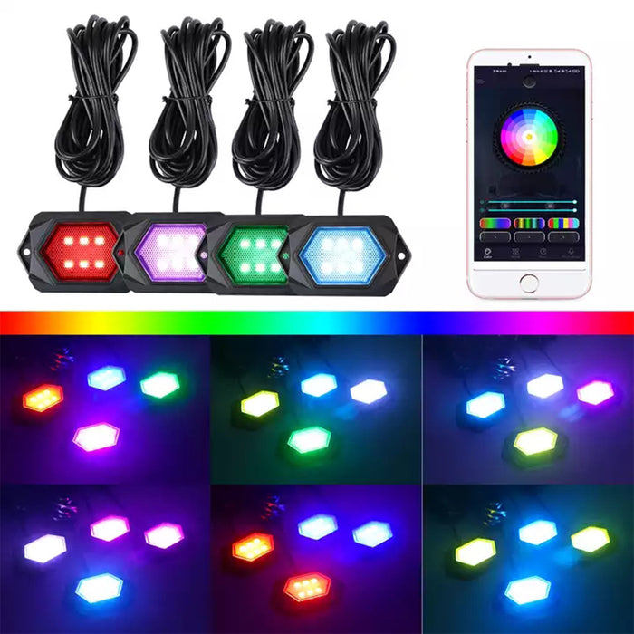 Ultra Bright 4-Piece RGB+W Chasing LED Rock Light Kit with Bluetooth App Control