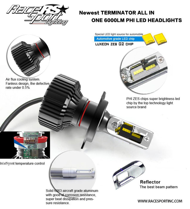 Terminator Series 5202 Fan-less LED Conversion Headlight Kit with Pin Point Projection Optical Aims and Shallow Mount Design