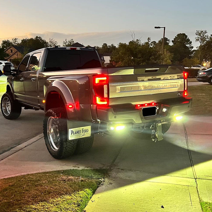 2017-Current Ford F250-F450 Super Duty Hitch Bar Reverse 7in LED Flood Lighting Heavy Duty Bolt-On Blacked Out Kit with Heated Lens and Single End Light Cap
