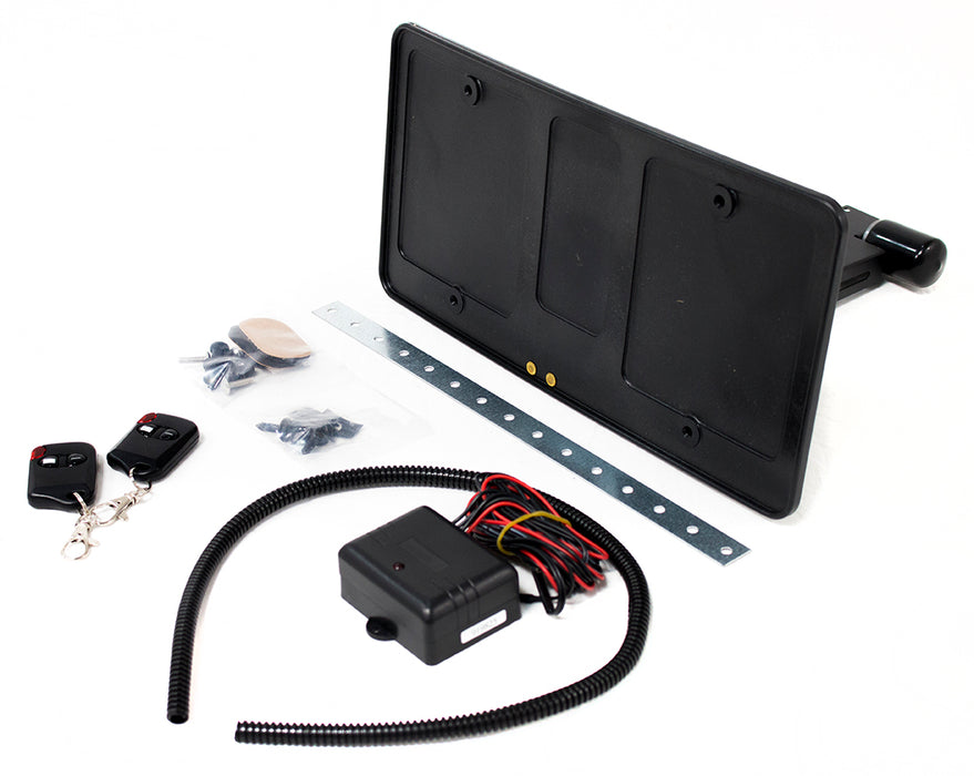 Motorized Hide-A-Way License Plate Holder with Push Button Remote Race Sport Lighting