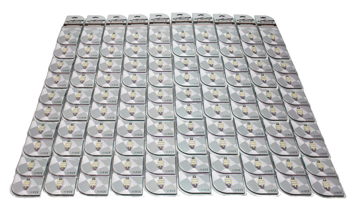 42mm 9SMD 5050 WHITE LED Replacement Bulbs - Bulk Lot of 100 in retail packaging - Festoon Domes each