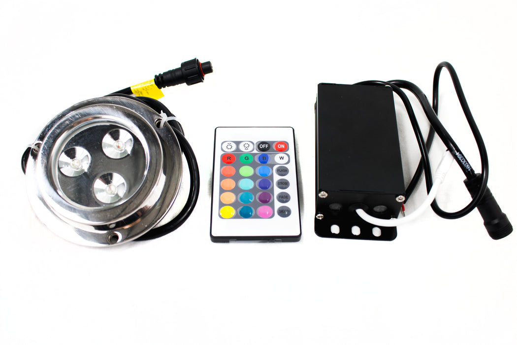3-LED 3x3W RGB Multi-Color Underwater Light w/ Remote  - 316 Marine Grade Stainless Steel