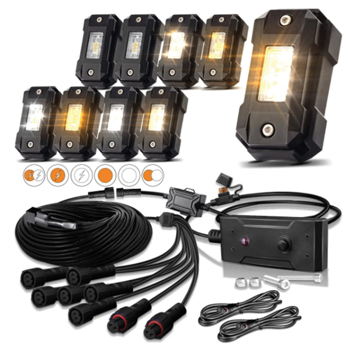 8pc Strobe Flashing White and Amber LED Rock Light Kit with Selectable Patterns for Grille or Wheel Well Race Sport Lighting