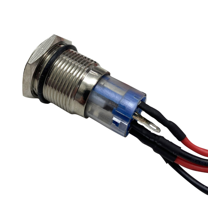 16mm Flush Mount LED Momentary Switch (BLUE) (Sold Each) - Comes pre-wired with voltage regulation resistor.