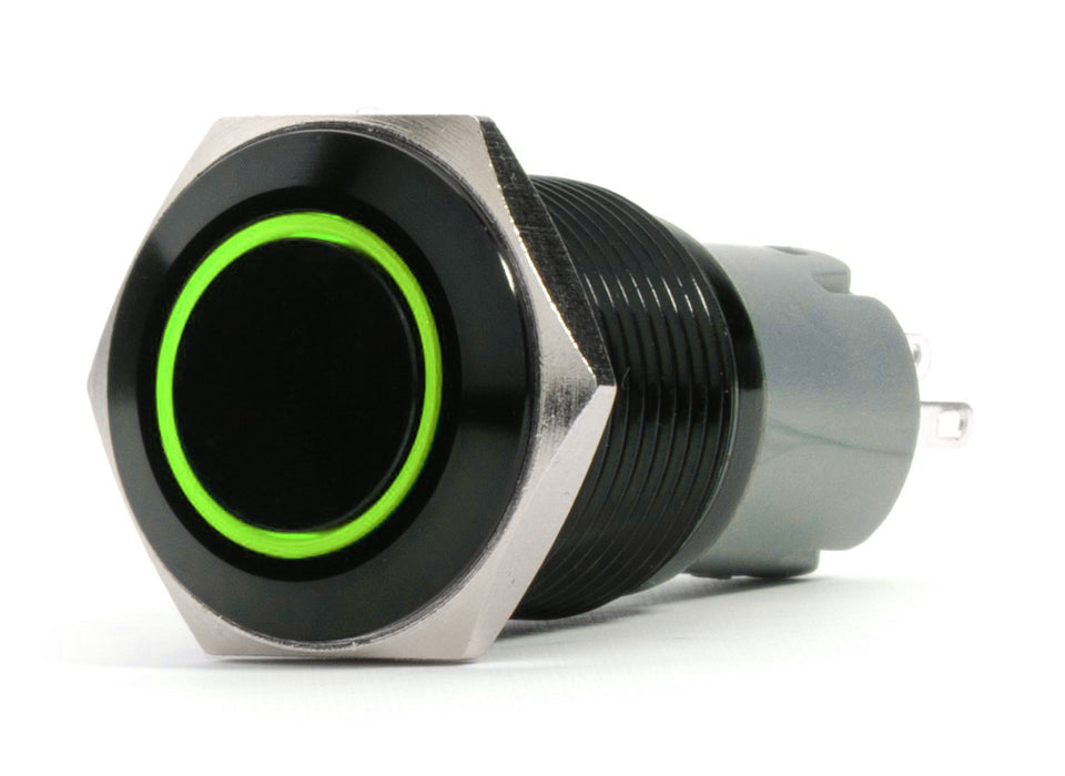 19mm 2-Position 12V On/Off Pre-Wired Switch with GREEN LED and Black Flush Mount Finish Race Sport Lighting
