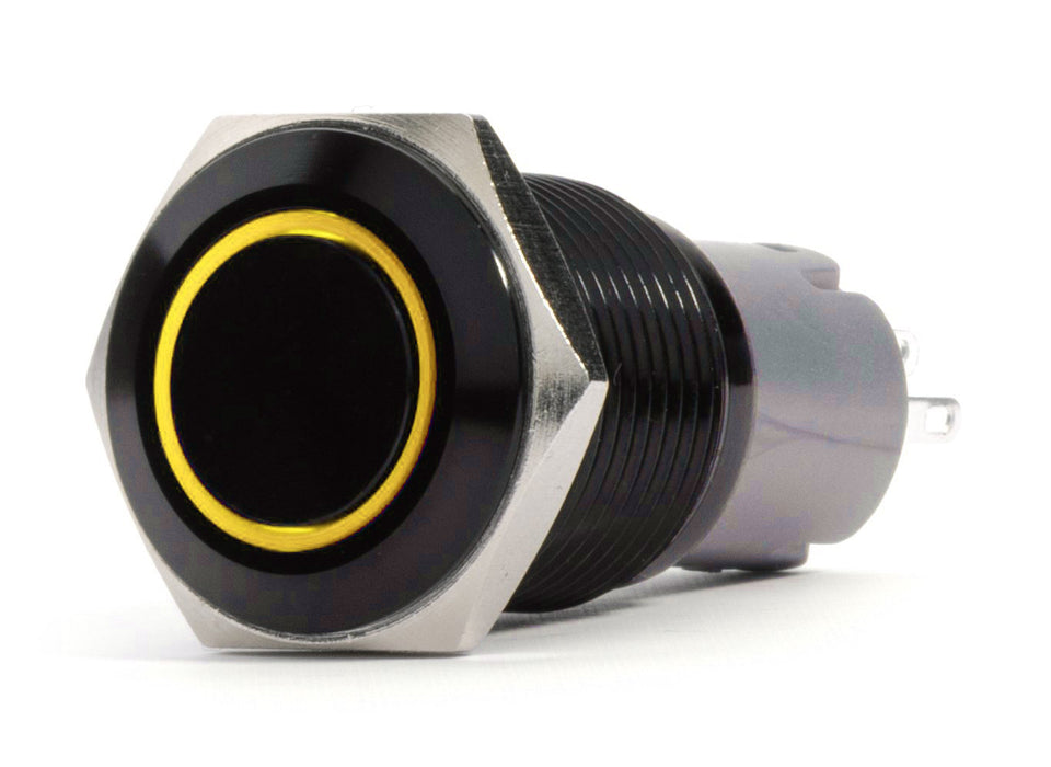19mm 2-Position 12V On/Off Pre-Wired Switch with YELLOW LED and Black Flush Mount Finish Race Sport Lighting