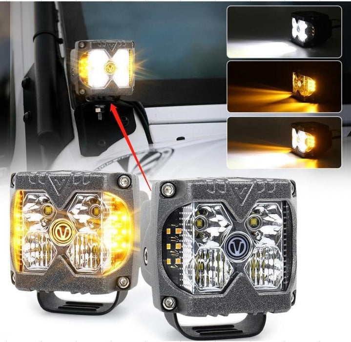 40-Watt LED Auxiliary Cube Light with Amber Side Strobe - Profession Grade with Clear Lens - Sold in Pairs - Race Sport Lighting