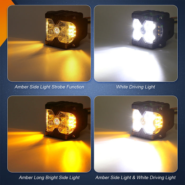 40-Watt LED Auxiliary Cube Light with Amber Side Strobe - Profession Grade with Clear Lens - Sold in Pairs - Race Sport Lighting