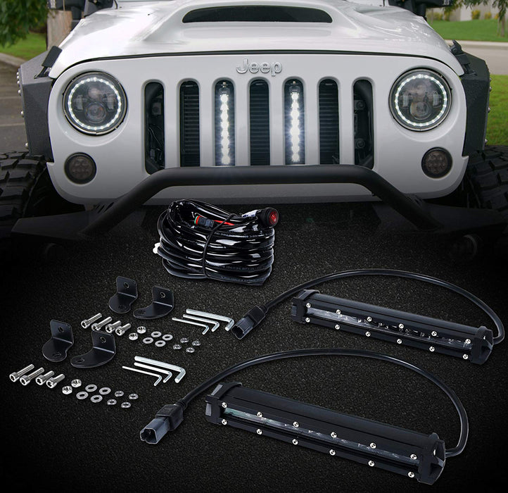 8in JEEP High Power LED Grille kit with (2) LED Light Bars - 5W  Single Row Light Bars with Bracket and Wiring