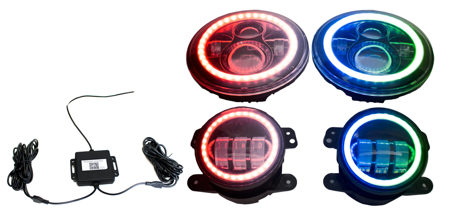 Chasing Version - Jeep Wrangler 7in Headlight and 4in Foglight ColorSMART Combo Complete RGB Multi-Color kit  - Smartphone Controlled with (2) Headlights and (2) Foglights
