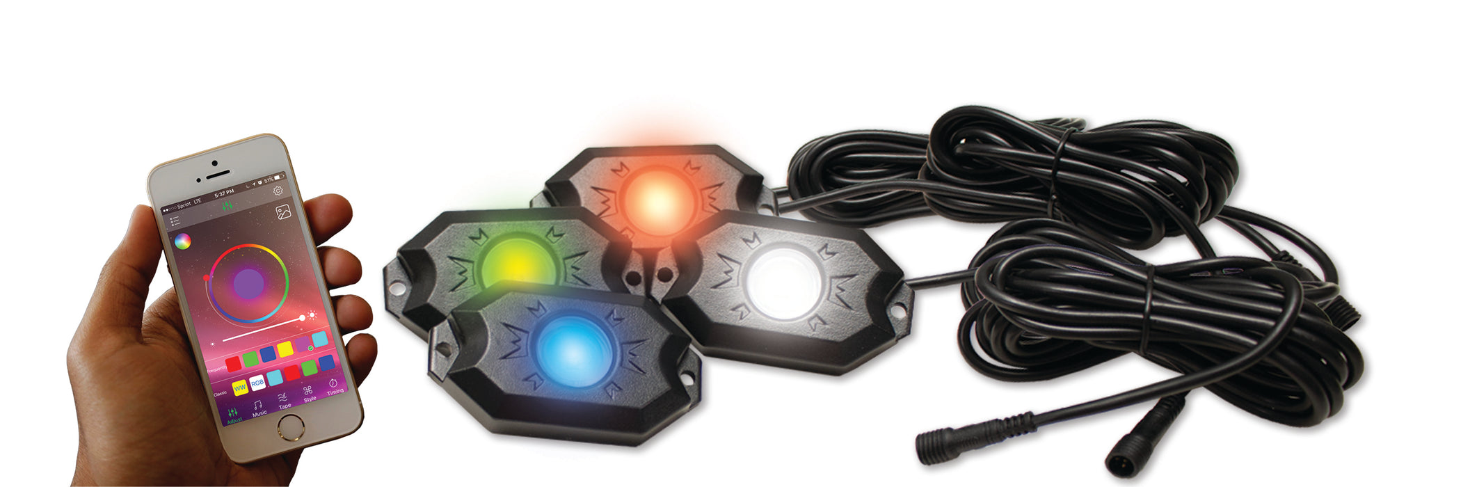 4-POD RGBW Hi-Power Rock Light Complete Kit with Bluetooth APP controls in Retail Box