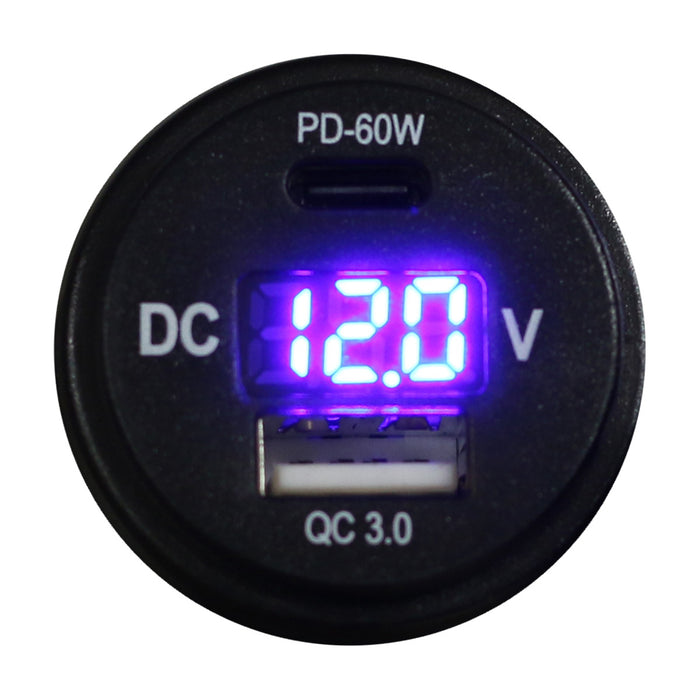 Round Socket Auxiliary Digital Voltage Meter and Charging Port Combo with C-Type QC4.0 60W + A-Type USB3.0 36W Race Sport Lighting