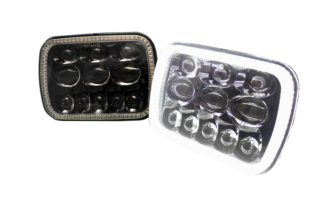 5x7 BLACKED OUT Series Sealed beam headlight conversion Kit with white DRL HALO, and Amber Turn Signal HALO