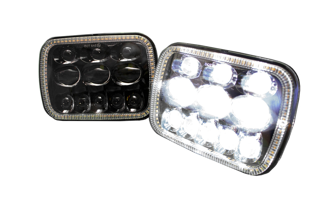 5x7 BLACKED OUT Series Sealed beam headlight conversion Kit with white DRL HALO, and Amber Turn Signal HALO