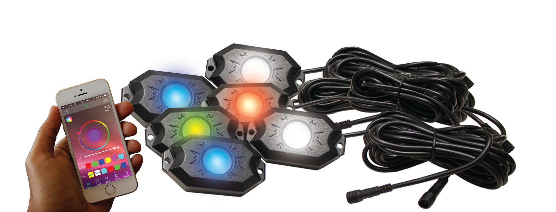 6-POD RGBW Hi-Power Rock Light Complete Kit with Bluetooth APP controls  in Retail Box