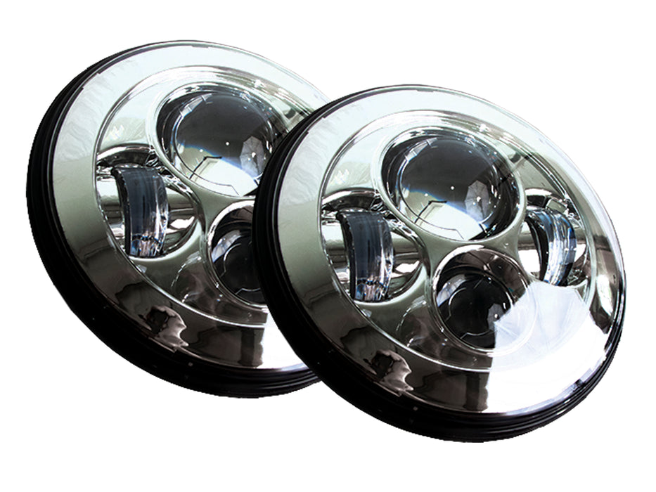 Chrome 7in LED Projector Headlight Conversion Kit 4x10W - Plug-&-Play H4 H/L - Sold as Pair