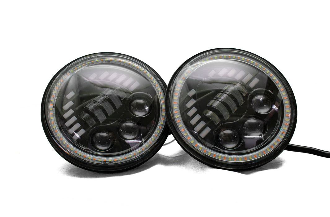 Pair of 7in 60-Watt LED Sealed Beam Conversion Headlights with Amber/White DRL Turn Signal Function Capability