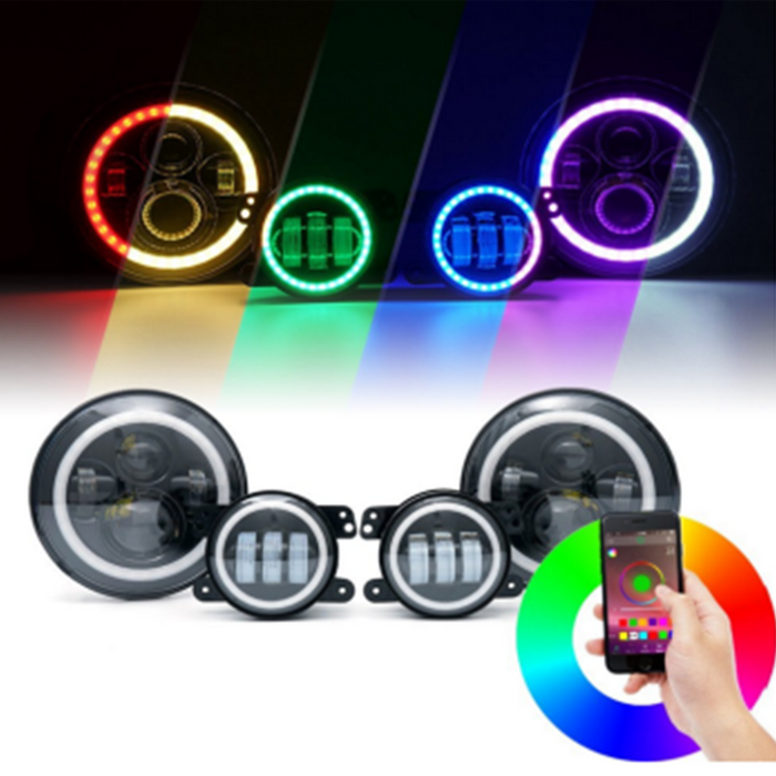 2018+ Jeep JL 9 inch Adapted Headlight and 4 inch Foglight ColorSMART Combo Complete RGB Multi-Color kit  - Smartphone Controlled with (2) Headlights and (2) Foglights