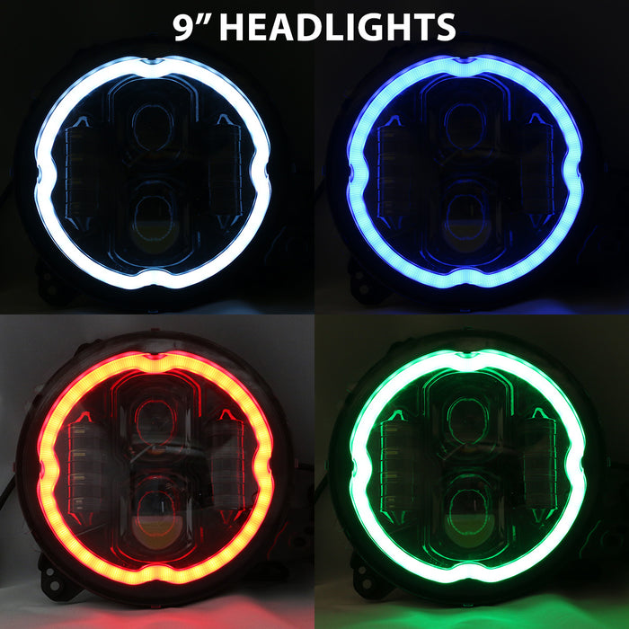 9in LED RGBW Chasing Headlight Kit For 2018+ Jeep JL And JT Race Sport Lighting