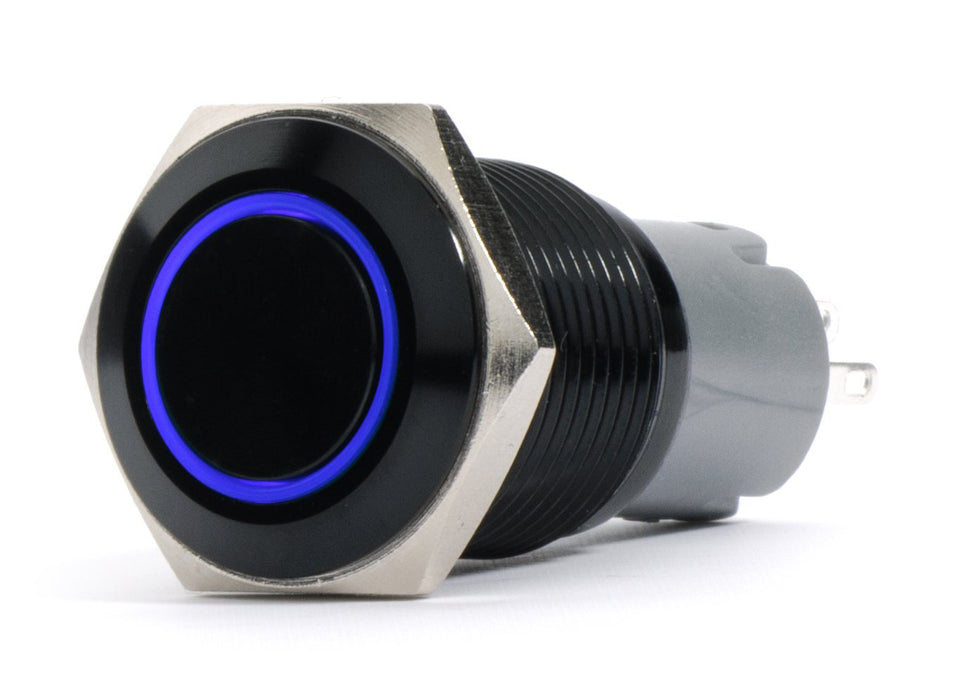 New - Momentary Style 19mm Switch (BLUE LED) - Black Finish Flush Mount 12V - Not Pre-wired