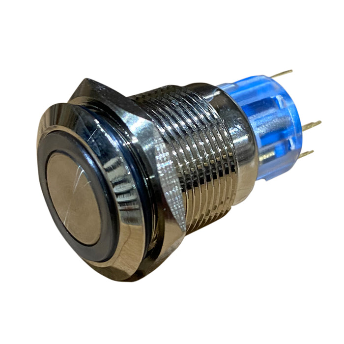 New - Momentary Style 19mm Switch (BLUE LED) - Chrome Finish Flush Mount 12V - Not Pre-wired