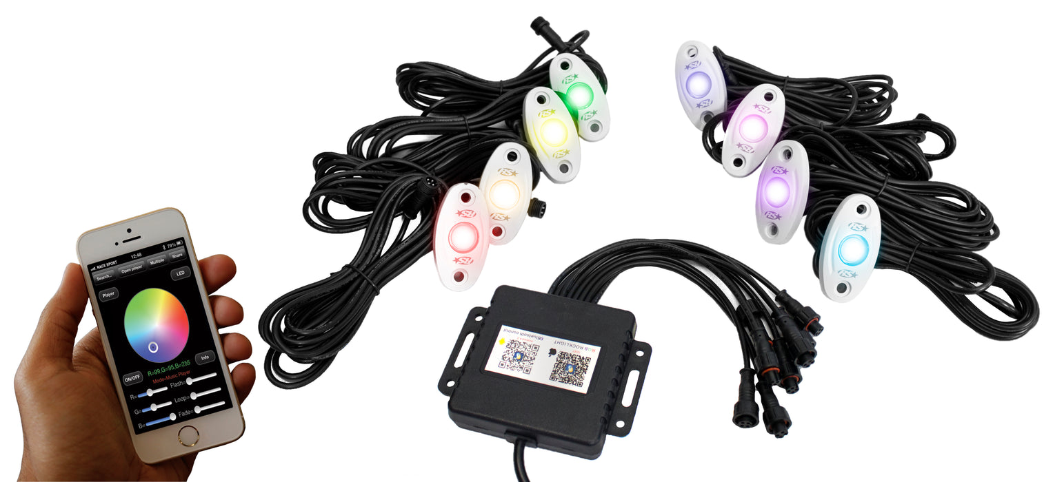 ColorSMART 8-LED Glow Pod WHITE Kit - Smartphone Controlled with Brain Box IP68 12V with All Hardware - RGB Multi-Color w/ White Rock Light Housings