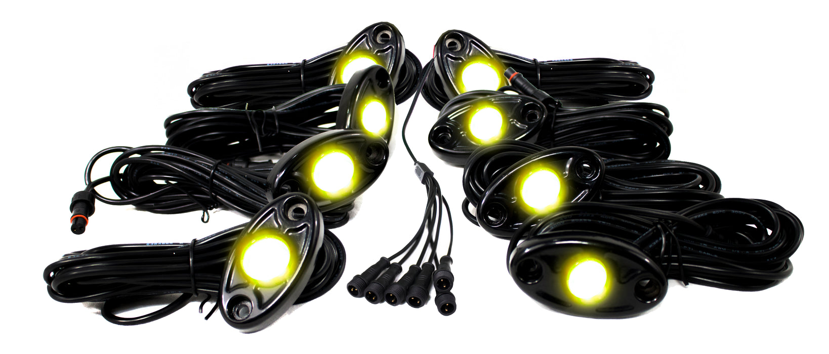 8 LED Glow Pod Kit with Brain Box IP68 12V with All Hardware - Yellow  (Rock Light Kit)