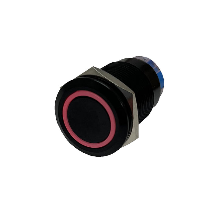 12V 19mm Momentary Function Pre-Wired Switch with RED LED and Black Flush Mount Finish  Race Sport Lighting