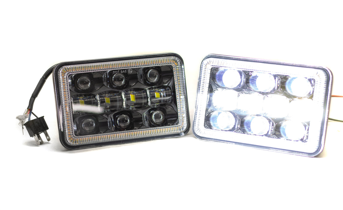 4x6 BLACKED OUT® Series Sealed beam headlight conversion Kit with white DRL HALO, and Amber Turn Signal HALO
