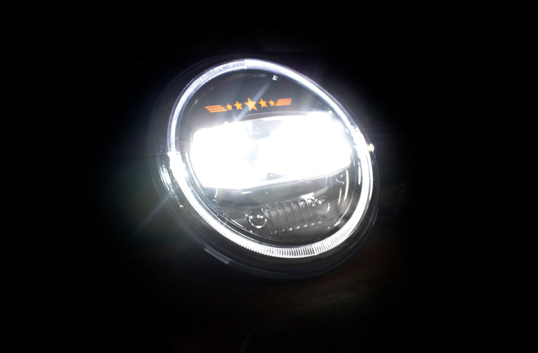 JEEP JK LED 7in Headlight Sealed beam Kit with LED HALO and Jeep Grille imprint (Will fit JL with bracket #RSJL01 only)